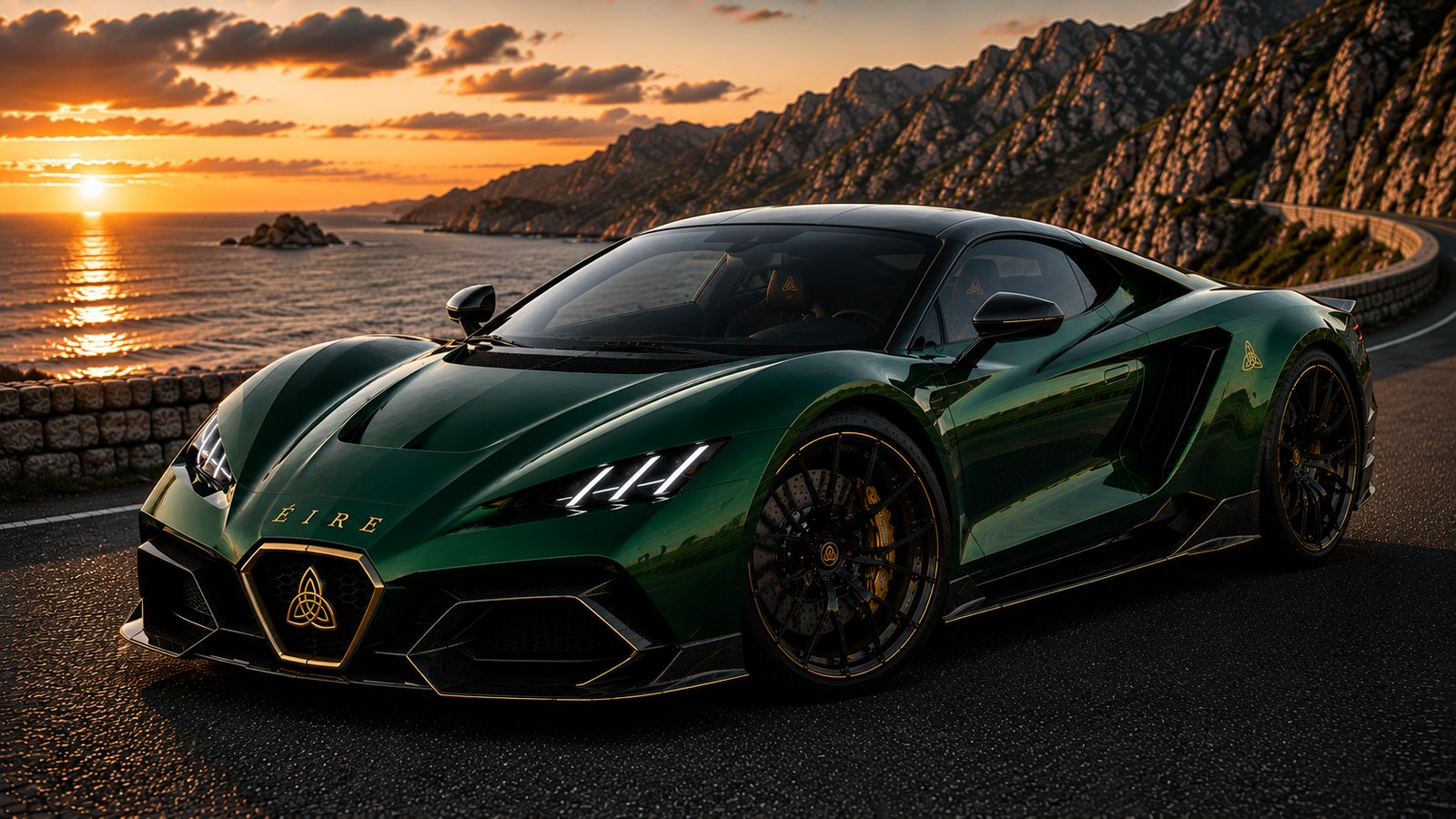 Éire Banshee mid-engine exotic concept in emerald on a coastal road at sunset